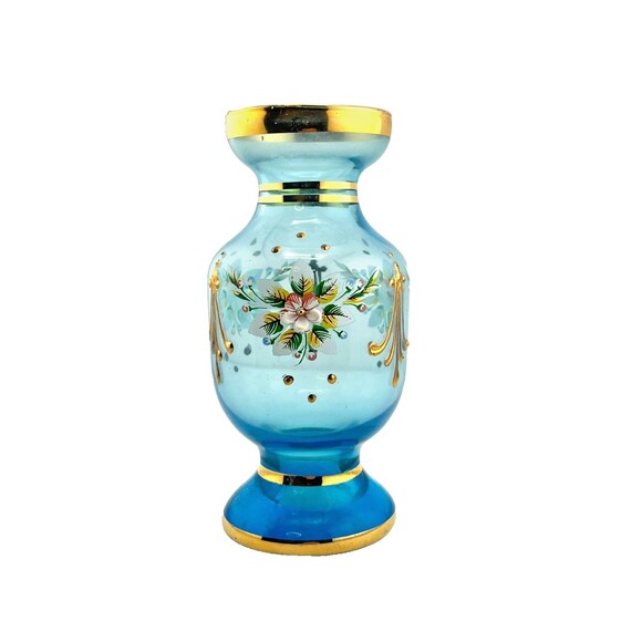 Vtg Bohemian Czech Blue Art Glass Bud Vase 5” Gold Gilt Trim Enamel Floral Decor